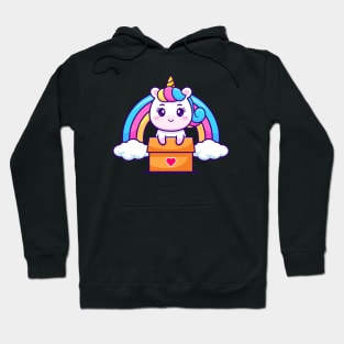 Cute Unicorn In Box With Rainbow Cartoon Hoodie